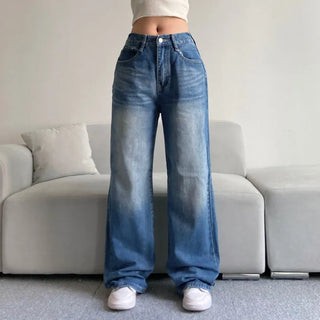 Vintage Washed Wide Denim Pants Back Elastic Waist