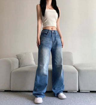 Vintage Washed Wide Denim Pants Back Elastic Waist