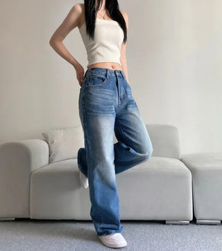 Vintage Washed Wide Denim Pants Back Elastic Waist