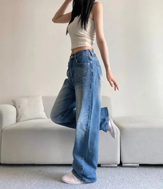 Vintage Washed Wide Denim Pants Back Elastic Waist