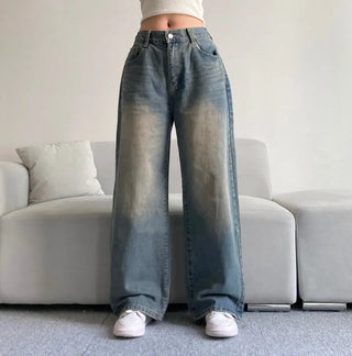 Vintage Washed Wide Denim Pants Back Elastic Waist