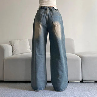 Vintage Washed Wide Denim Pants Back Elastic Waist