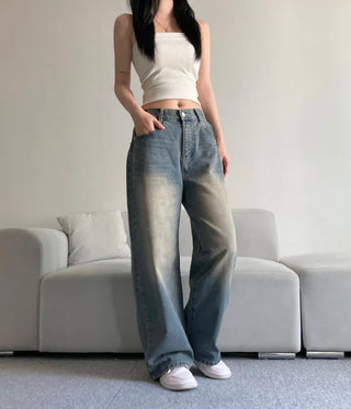 Vintage Washed Wide Denim Pants Back Elastic Waist