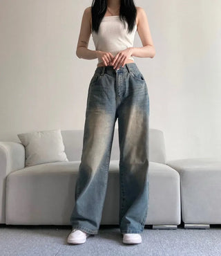 Vintage Washed Wide Denim Pants Back Elastic Waist