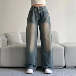Vintage Washed Wide Denim Pants Back Elastic Waist
