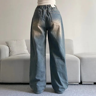 Vintage Washed Wide Denim Pants Back Elastic Waist