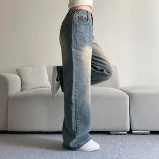 Vintage Washed Wide Denim Pants Back Elastic Waist