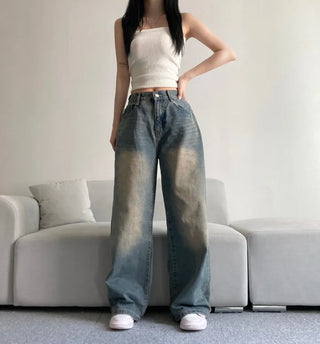Vintage Washed Wide Denim Pants Back Elastic Waist
