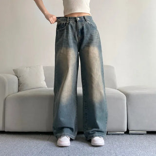 Vintage Washed Wide Denim Pants Back Elastic Waist