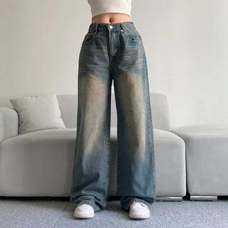 Vintage Washed Wide Denim Pants Back Elastic Waist
