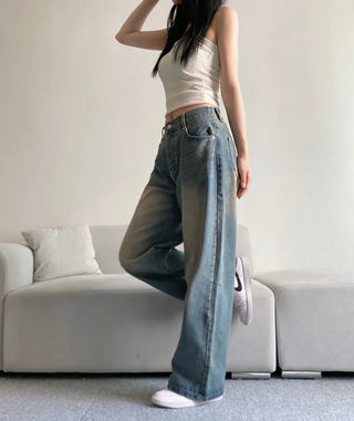 Vintage Washed Wide Denim Pants Back Elastic Waist