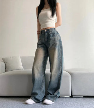 Vintage Washed Wide Denim Pants Back Elastic Waist