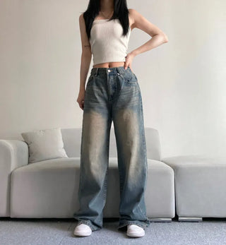 Vintage Washed Wide Denim Pants Back Elastic Waist