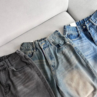 Vintage Washed Wide Denim Pants Back Elastic Waist