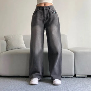 Vintage Washed Wide Denim Pants Back Elastic Waist