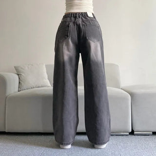Vintage Washed Wide Denim Pants Back Elastic Waist