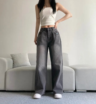 Vintage Washed Wide Denim Pants Back Elastic Waist