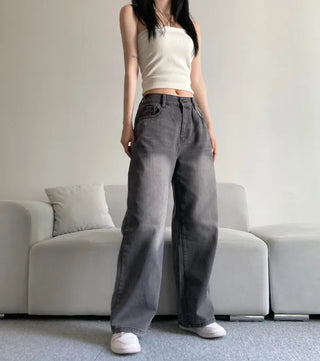Vintage Washed Wide Denim Pants Back Elastic Waist