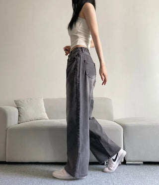 Vintage Washed Wide Denim Pants Back Elastic Waist