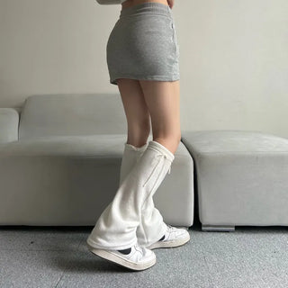 Fleece-lined drawstring bootcut leg warmers boot y2k uniquehip
