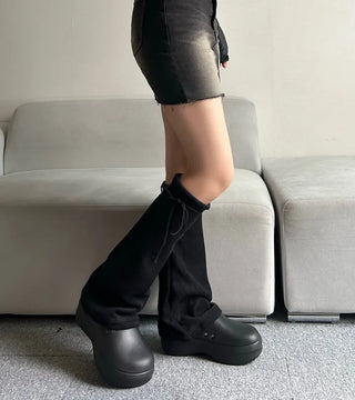 Fleece-lined drawstring bootcut leg warmers boot y2k uniquehip