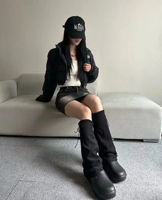 Fleece-lined drawstring bootcut leg warmers boot y2k uniquehip