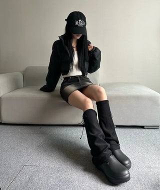 Fleece-lined drawstring bootcut leg warmers boot y2k uniquehip