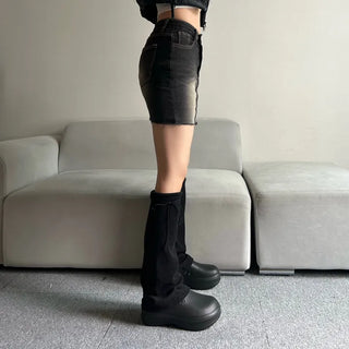 Fleece-lined drawstring bootcut leg warmers boot y2k uniquehip