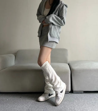 Fleece-lined drawstring bootcut leg warmers boot y2k uniquehip