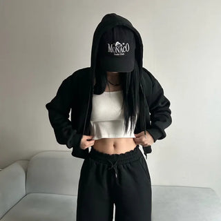 Fleece Zip-up Hoodie Crop Loose Fit Oversized Transitional