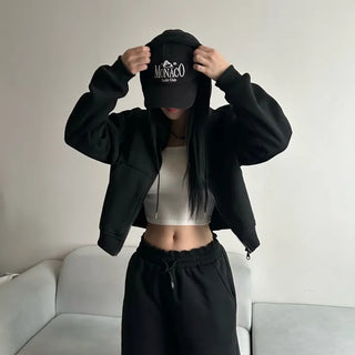 Fleece Zip-up Hoodie Crop Loose Fit Oversized Transitional
