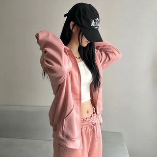 Fleece Zip-up Hoodie Crop Loose Fit Oversized Transitional
