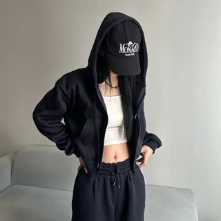 Fleece Zip-up Hoodie Crop Loose Fit Oversized Transitional