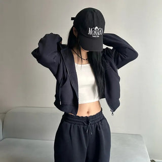 Fleece Zip-up Hoodie Crop Loose Fit Oversized Transitional