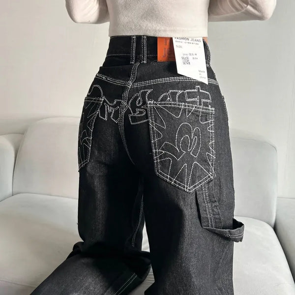 Back Point Embroidery Raw Denim Wide-Leg Pants Embroidered