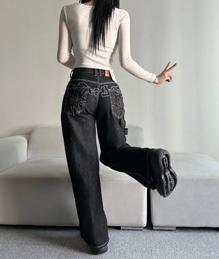 Back Point Embroidery Raw Denim Wide-Leg Pants Embroidered