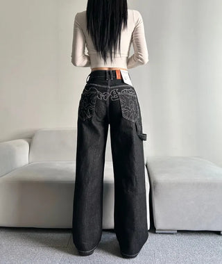 Back Point Embroidery Raw Denim Wide-Leg Pants Embroidered