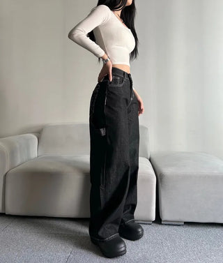 Back Point Embroidery Raw Denim Wide-Leg Pants Embroidered