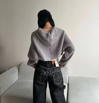 Back Point Embroidery Raw Denim Wide-Leg Pants Embroidered