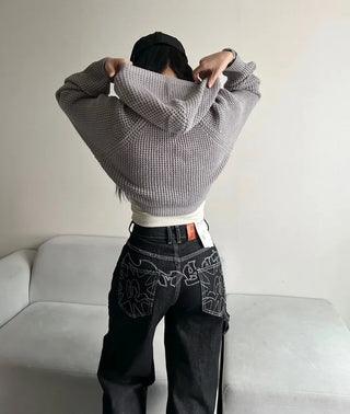 Back Point Embroidery Raw Denim Wide-Leg Pants Embroidered