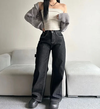 Back Point Embroidery Raw Denim Wide-Leg Pants Embroidered