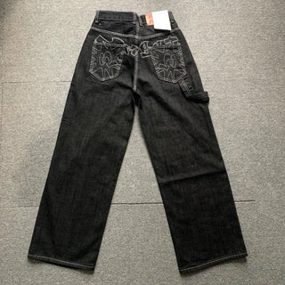 Back Point Embroidery Raw Denim Wide-Leg Pants Embroidered