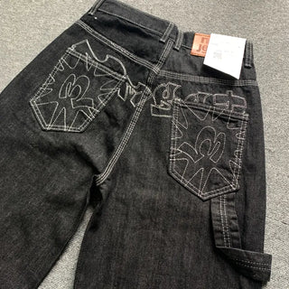 Back Point Embroidery Raw Denim Wide-Leg Pants Embroidered