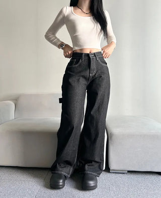 Back Point Embroidery Raw Denim Wide-Leg Pants Embroidered