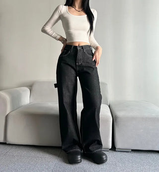 Back Point Embroidery Raw Denim Wide-Leg Pants Embroidered