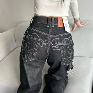 Back Point Embroidery Raw Denim Wide-Leg Pants Embroidered