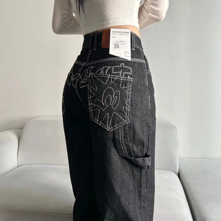 Back Point Embroidery Raw Denim Wide-Leg Pants Embroidered