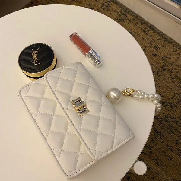 Ball Pearl Strap Embossed Quilted Crossbody Bag