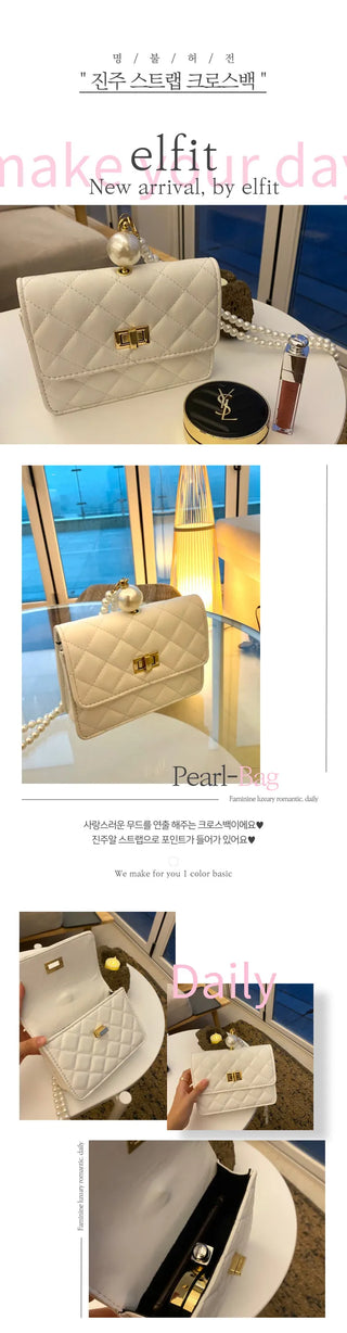 Ball Pearl Strap Embossed Quilted Crossbody Bag