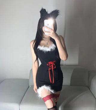 Santa Girl Fur Corset Slit Mini Dress Sleeveless